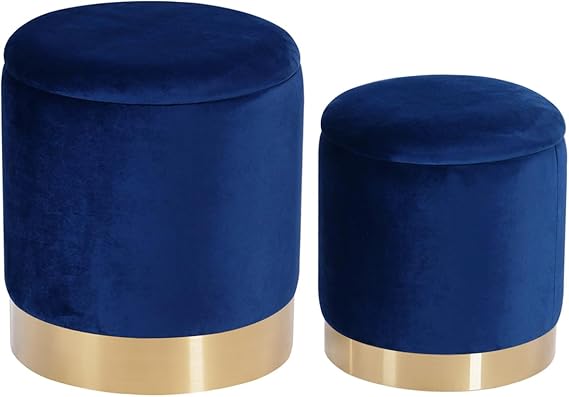 Round Velvet Nesting Storage Ottomans Set of 2 with Gold Metal Accent