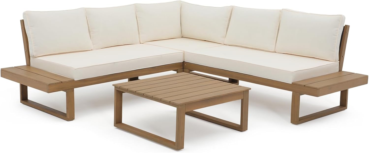 4-Piece Acacia Wood L-Shaped Outdoor Sectional Sofa Set