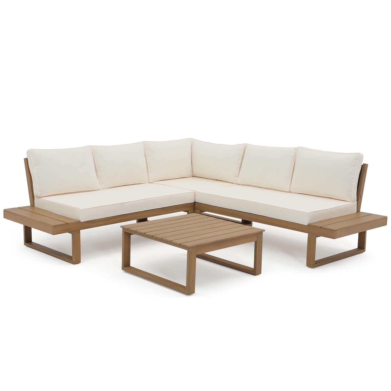 4-Piece Acacia Wood L-Shaped Outdoor Sectional Sofa Set