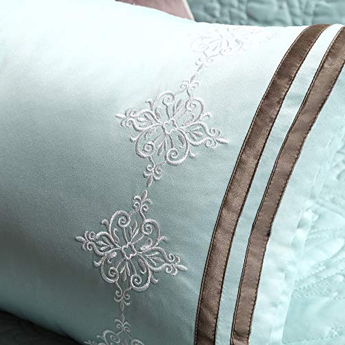 Queen Comforter Set 9 Piece - Blue Quilted Medallion Design with Bed Skirt