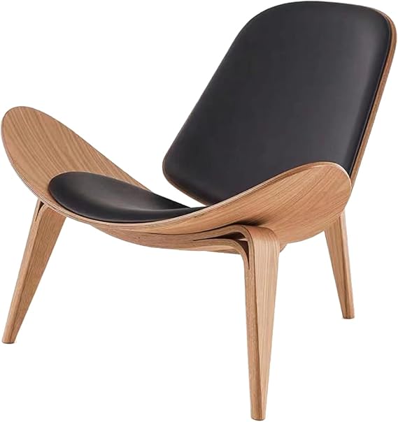 Hans Wegner Style Shell Chair - Ash Plywood White Faux Leather Accent Chair