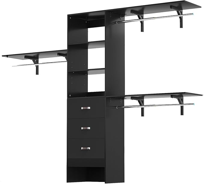 8FT Wall Mount Closet Organizer System with 3 Hanging Rods and Drawers