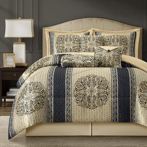 California King Comforter Set Navy Medallion Jacquard 7 Piece
