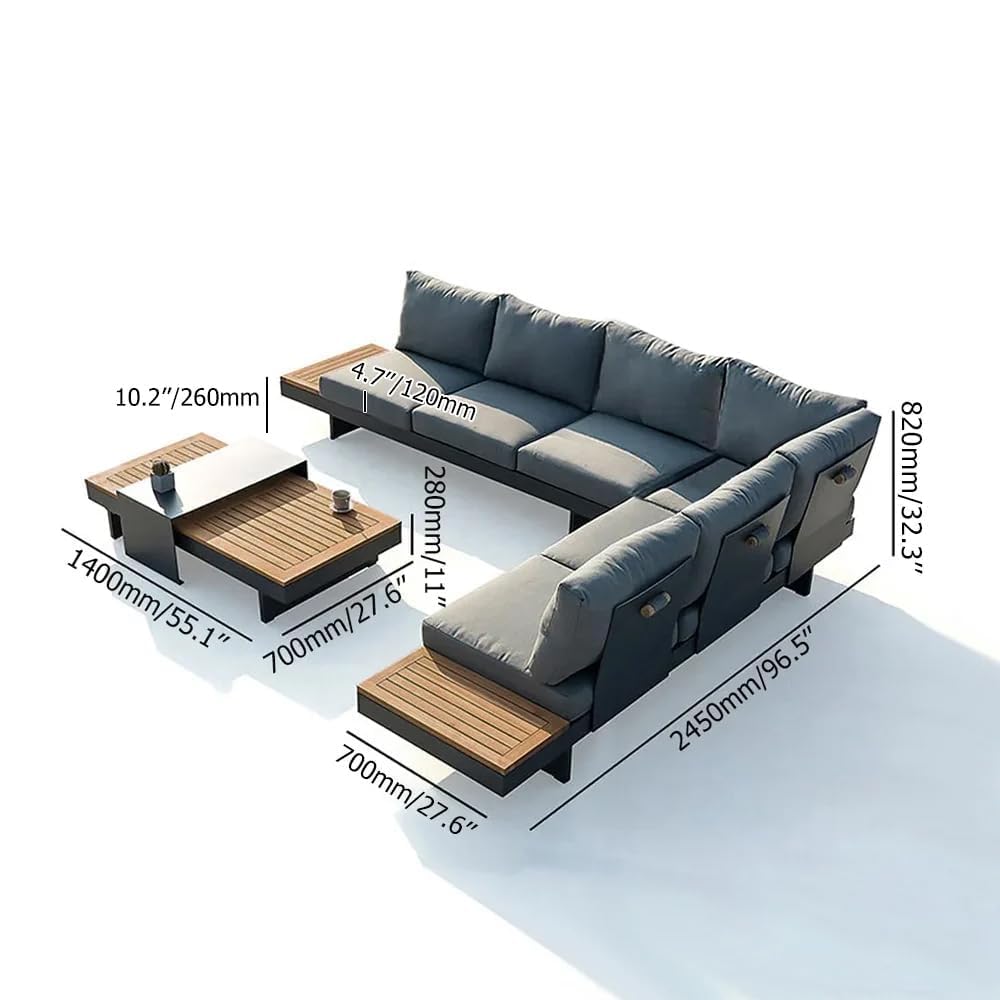 6 Piece Aluminum Teak Patio Sectional Sofa Set with Adjustable Backrests