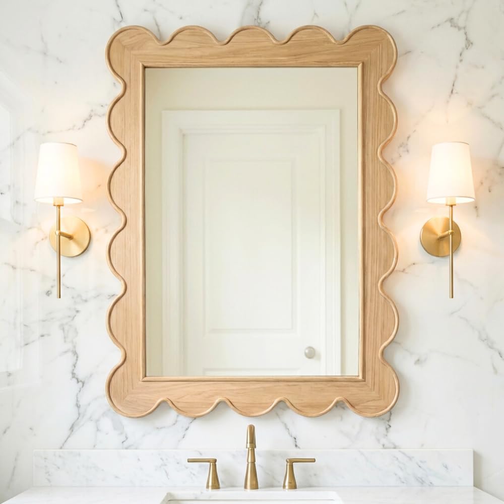 Scalloped Wall Mirror 24x36 Natural Wood Frame