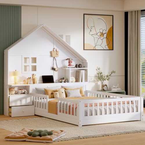 Kids Floor House Bed with Fences and Drawers, Full Size Platform Bed with Storage Headboard, Shelves, Sockets & USB for Kids (White)