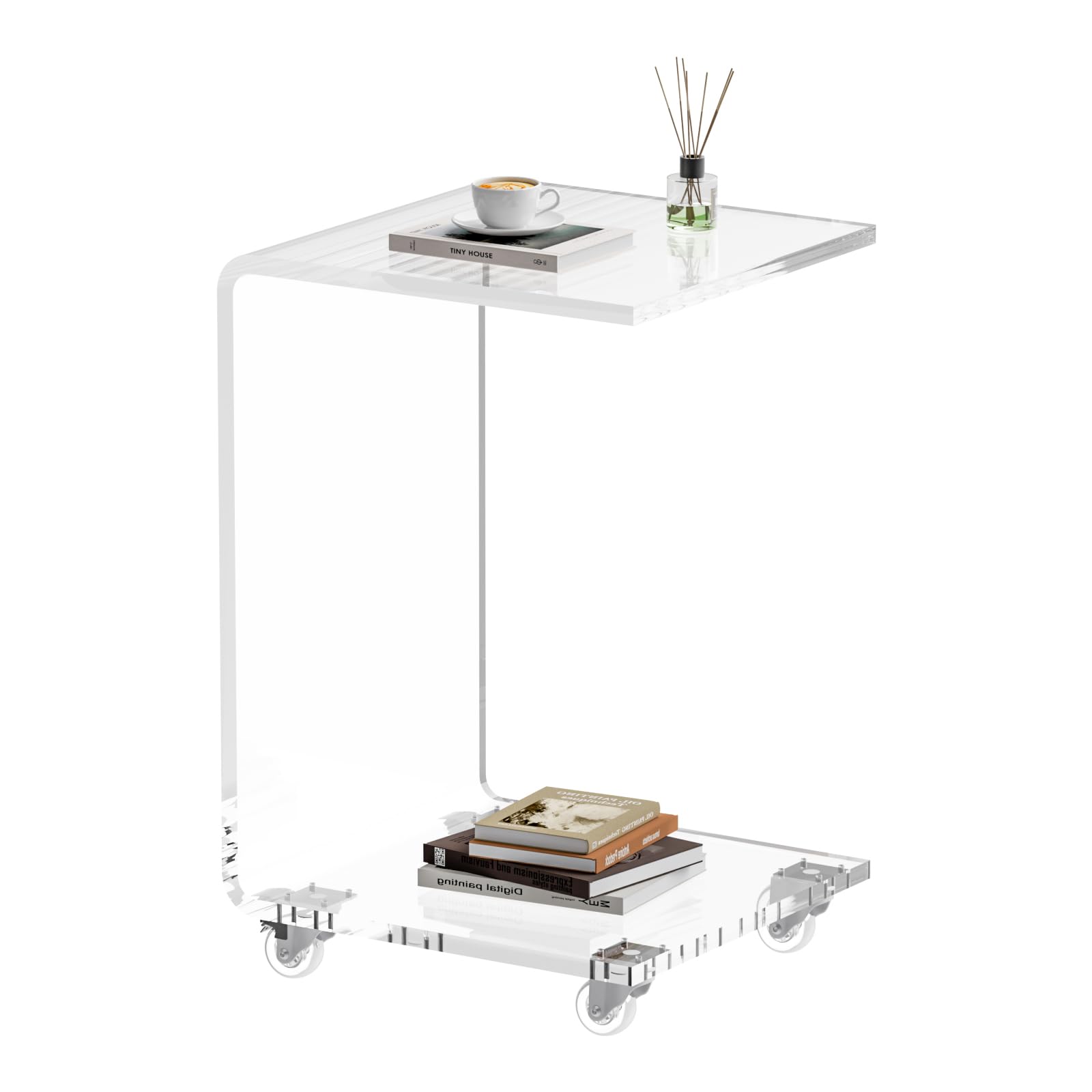 Acrylic C-Shaped Side Table with Wheels