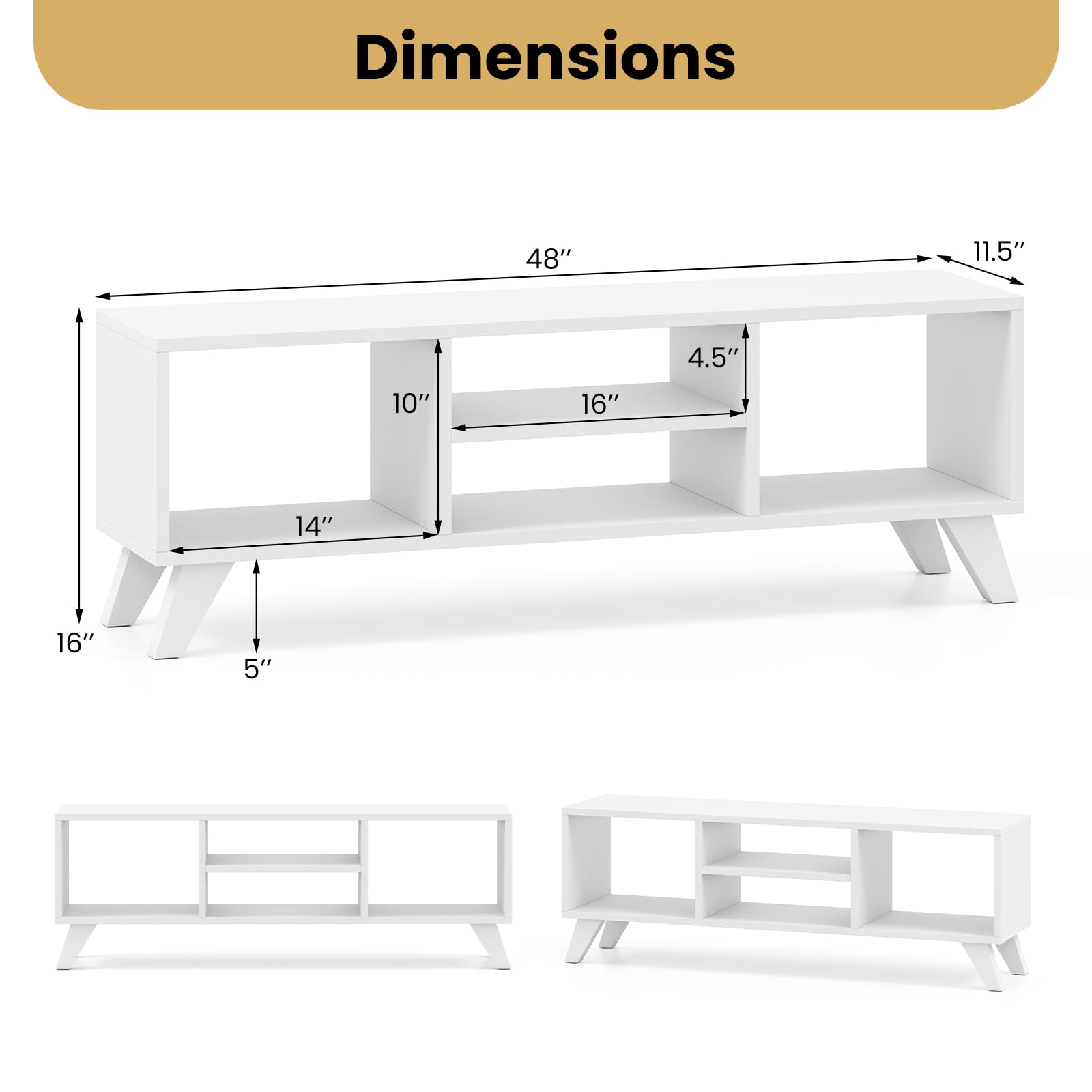 White TV Stand for TVs up to 55 Inches with 4 Open Storage Cubbies