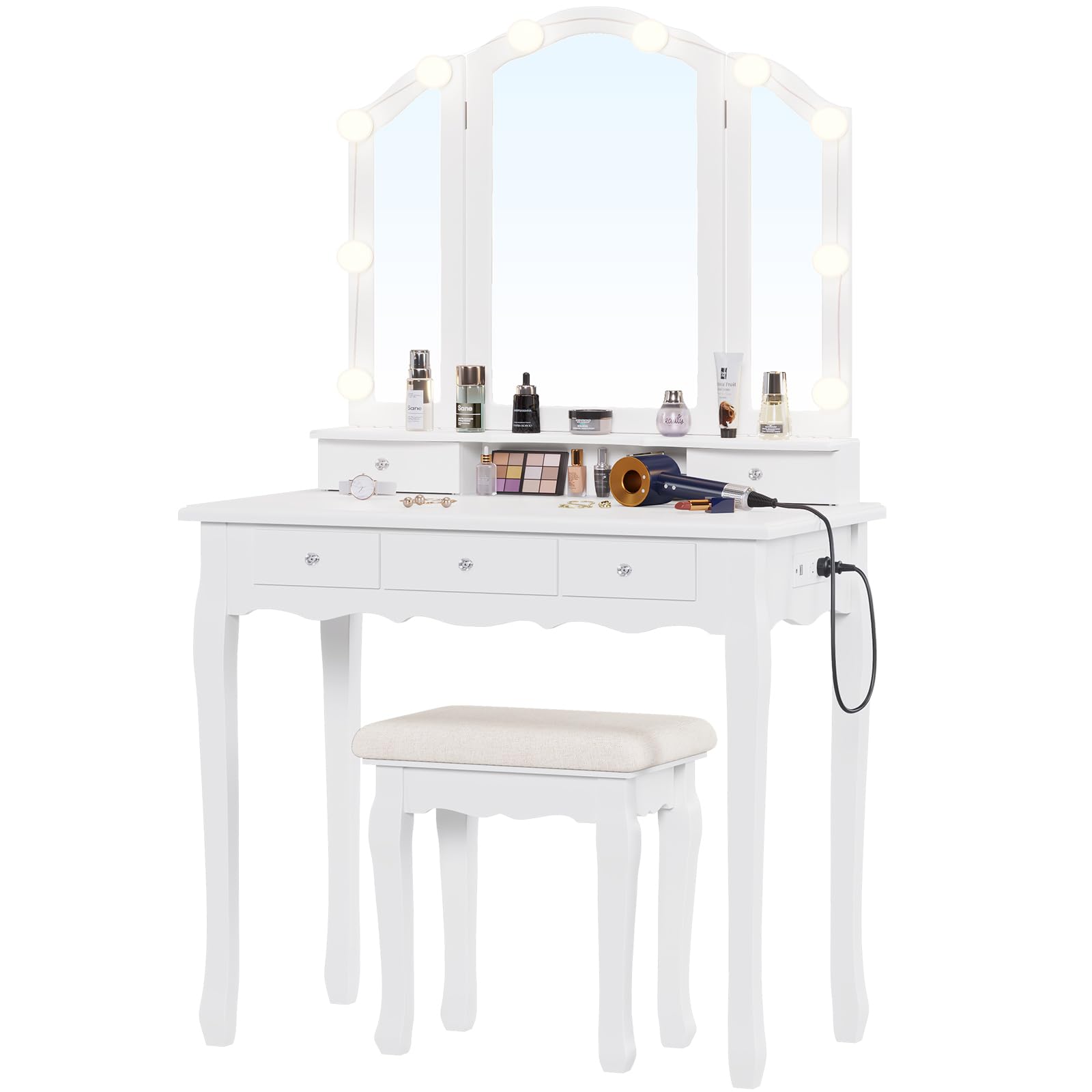 White Makeup Vanity with Lights and Charging Station