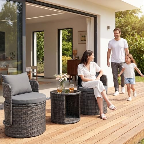 3-Piece Wicker Patio Bistro Set with Storage