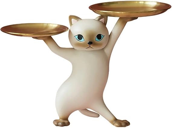 Whimsical Cat Statue Side Table with Gold Tray