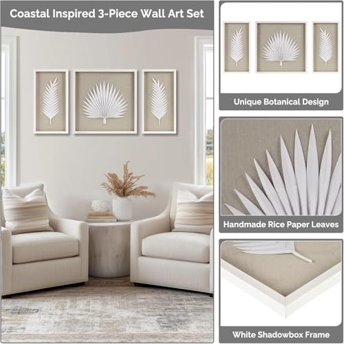 Floral Wall Art Shadow Box Set - Palm Natural Rice Paper Glass Wood Frame - 3 Piece