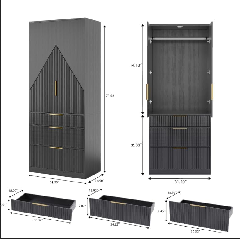 Wardrobe Armoire with 2 Doors and 3 Drawers