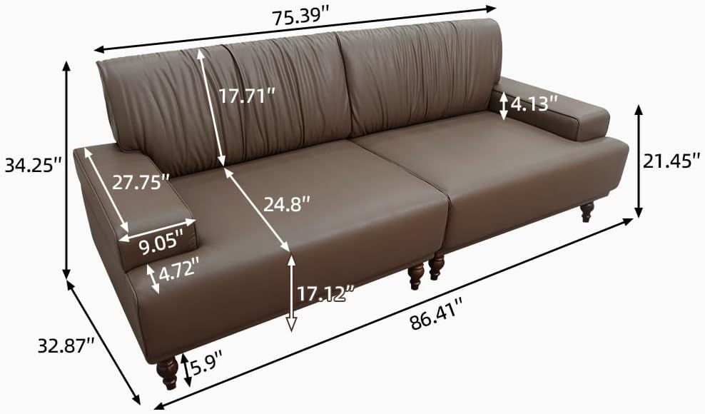NessCarsti 86.41" Mid-Century Modern Leather 3-Seater Couch, Comfortable Sofa with Solid Wood Legs and Frame, for Living Room, Bedroom, Apartment, and Office,Brown