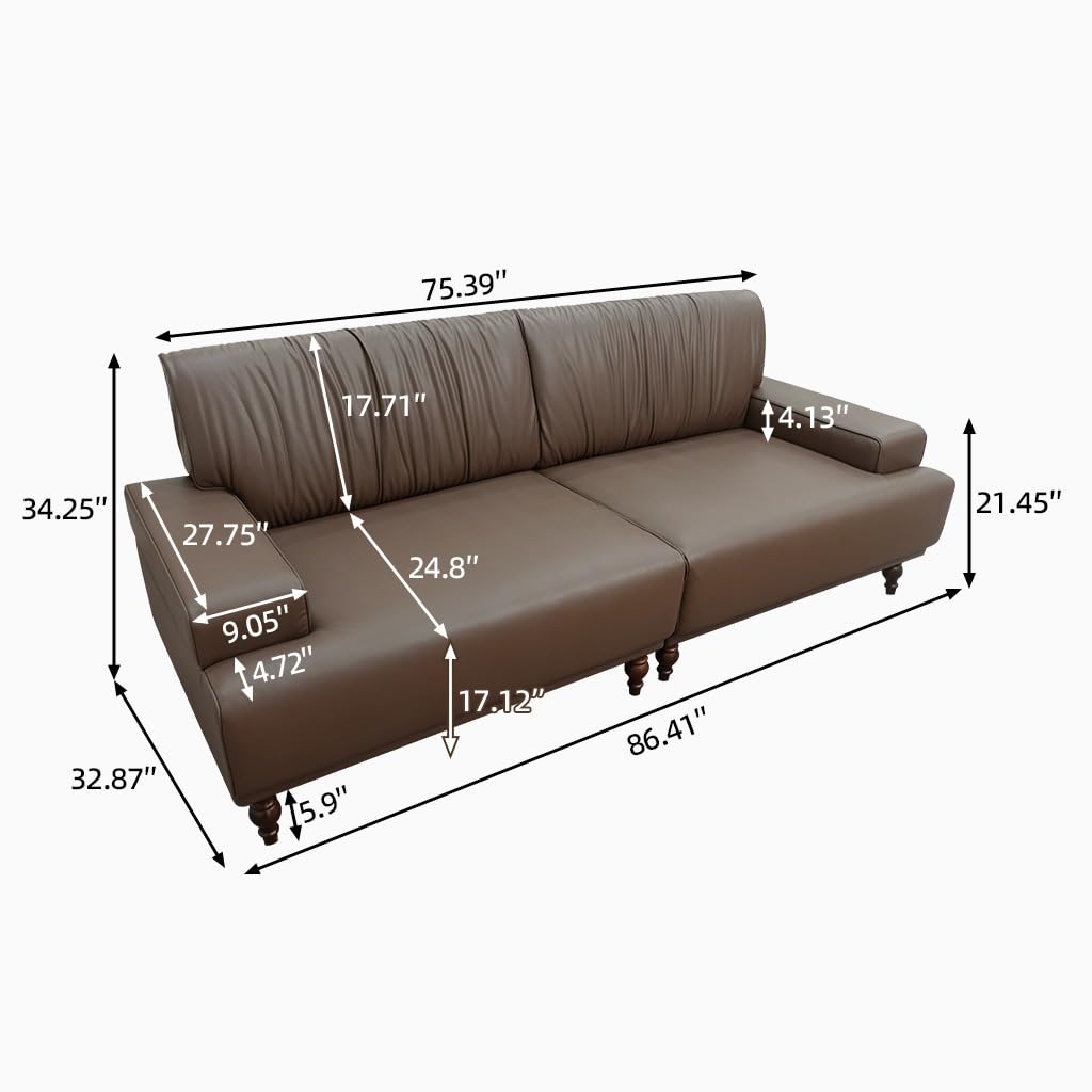 NessCarsti 86.41" Mid-Century Modern Leather 3-Seater Couch, Comfortable Sofa with Solid Wood Legs and Frame, for Living Room, Bedroom, Apartment, and Office,Brown