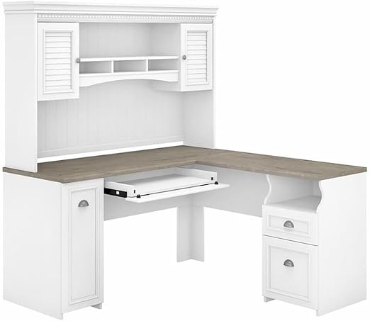 60W L-Shaped Desk with Hutch - Gray and White Engineered Wood