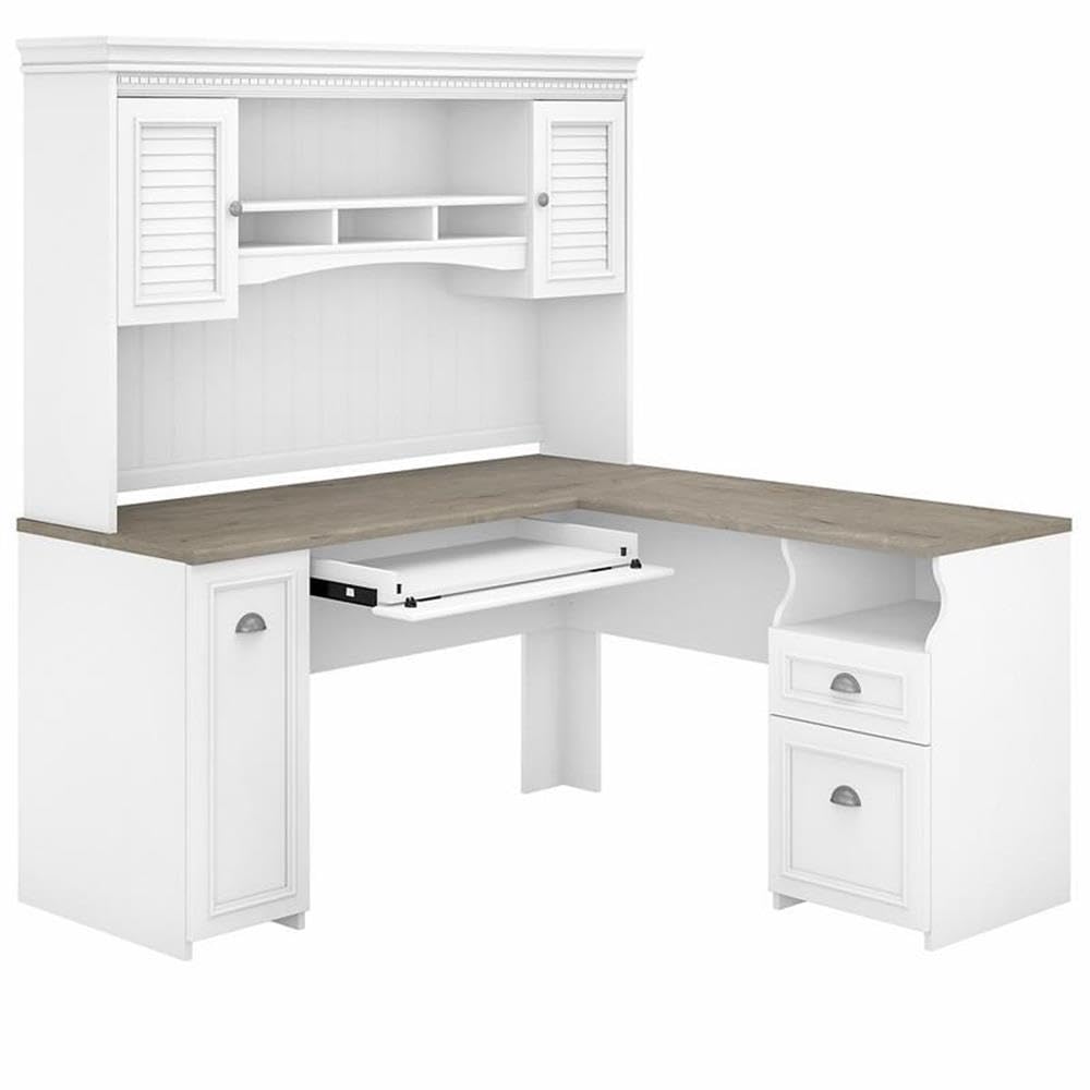 60W L-Shaped Desk with Hutch - Gray and White Engineered Wood