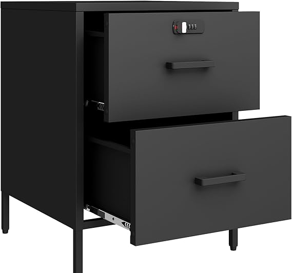 2 Drawer Lockable Metal Nightstand End Table