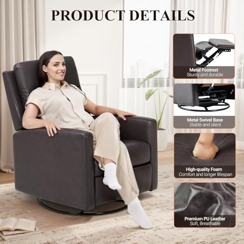 Leather Recliner Chair - Swivel Rocker with Ergonomic High Backrest