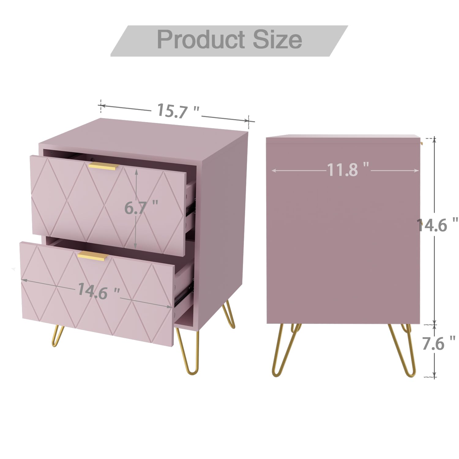Pink Nightstand Set of 2 with 2 Drawers and Gold Legs