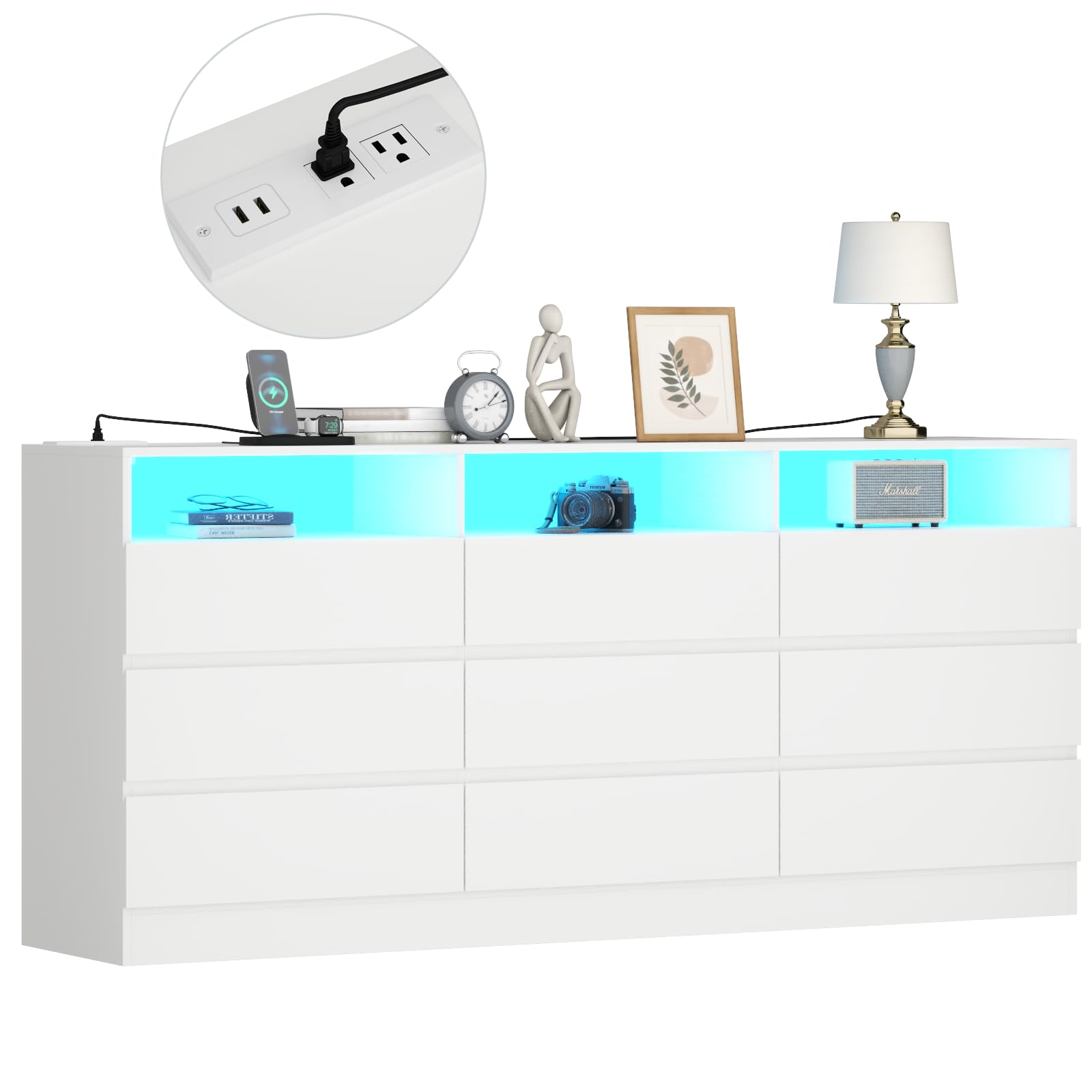 9 Drawer Dresser with Power Outlet and LED Light Strip
