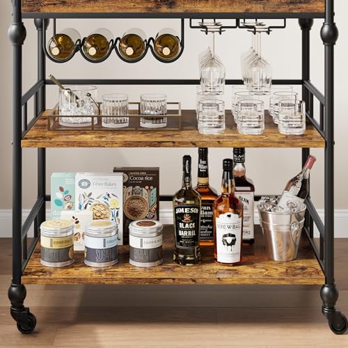 3-Tier Rolling Bar Cart with Wine Rack
