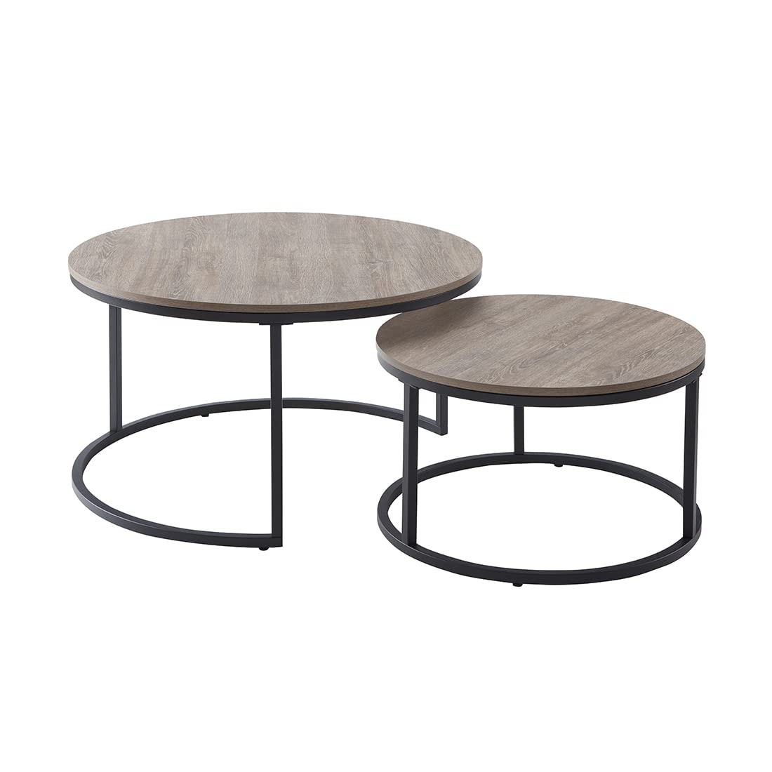 Round Nesting Coffee Table Set of 2 - Grey Wash Oak Wood & Metal Frame