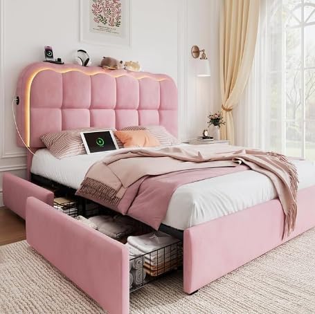 Twin Velvet Platform Bed with Storage & LED Headboard