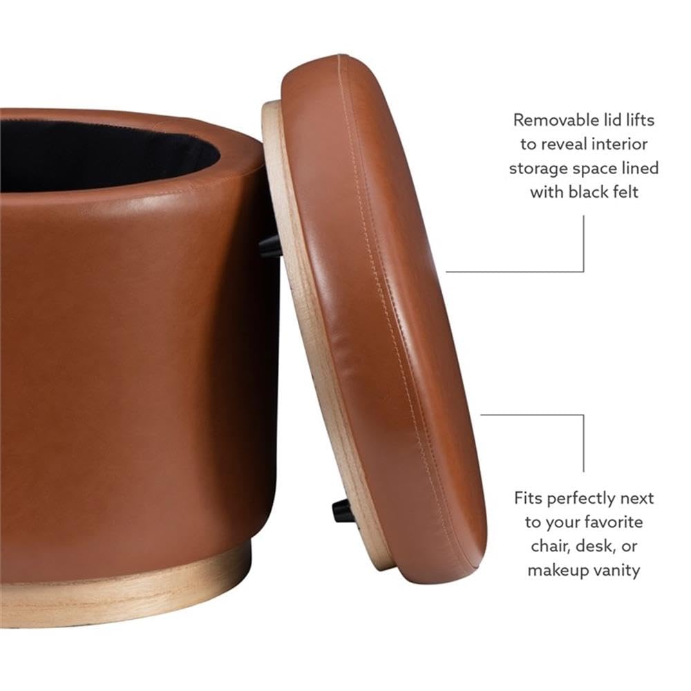 Round Storage Ottoman with Wood Trim