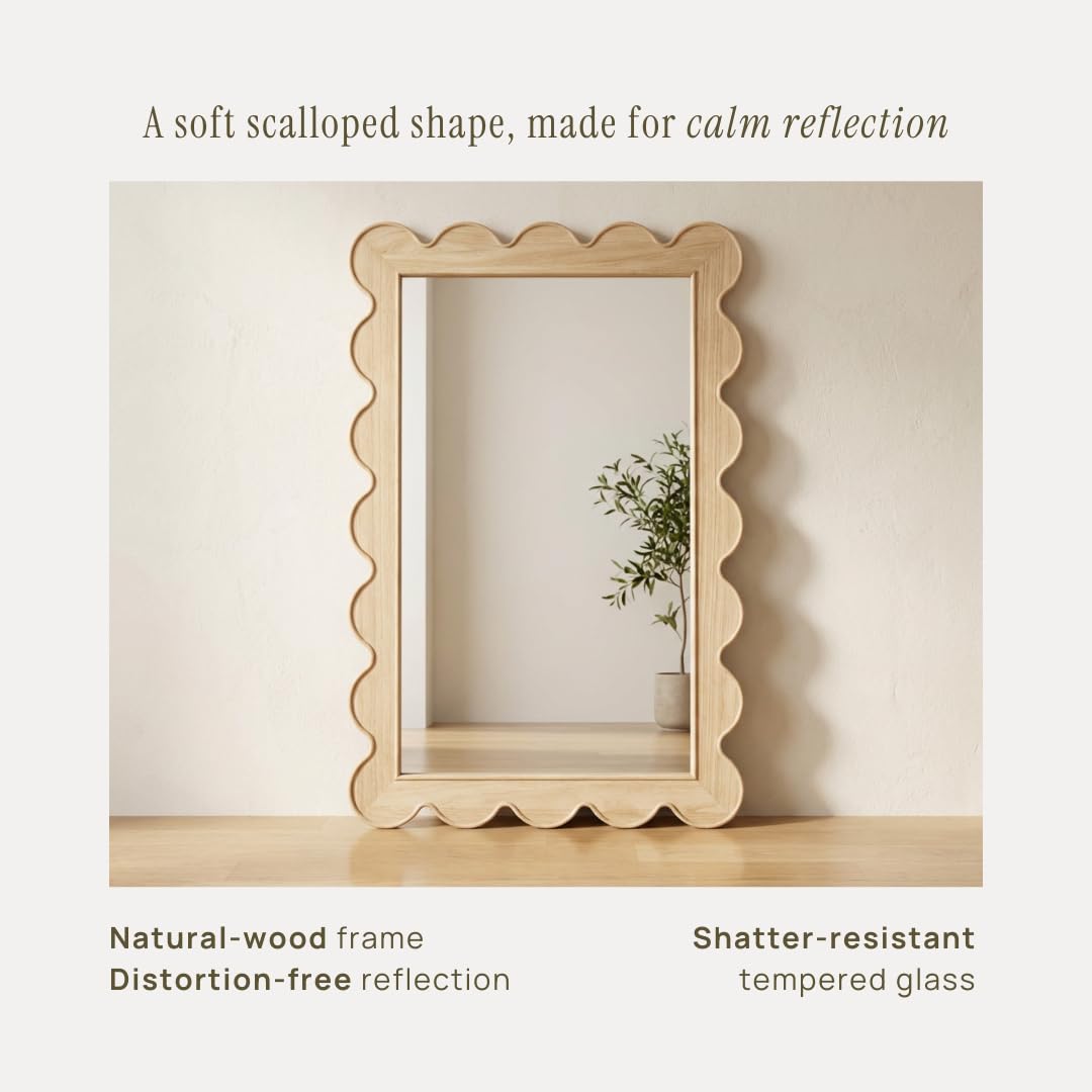 Scalloped Wall Mirror 24x36 Natural Wood Frame