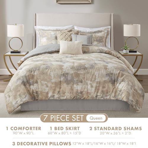 Queen Comforter Set - 7 Piece Abstract Gray