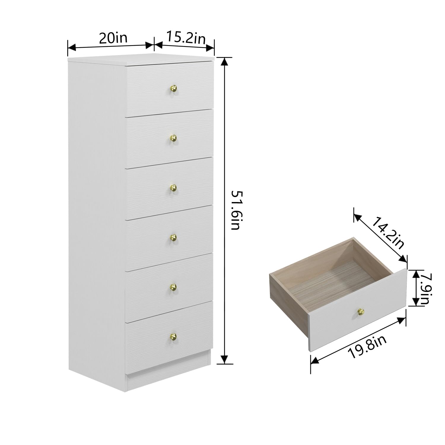 6 Drawer Vertical Dresser with Gold Handles