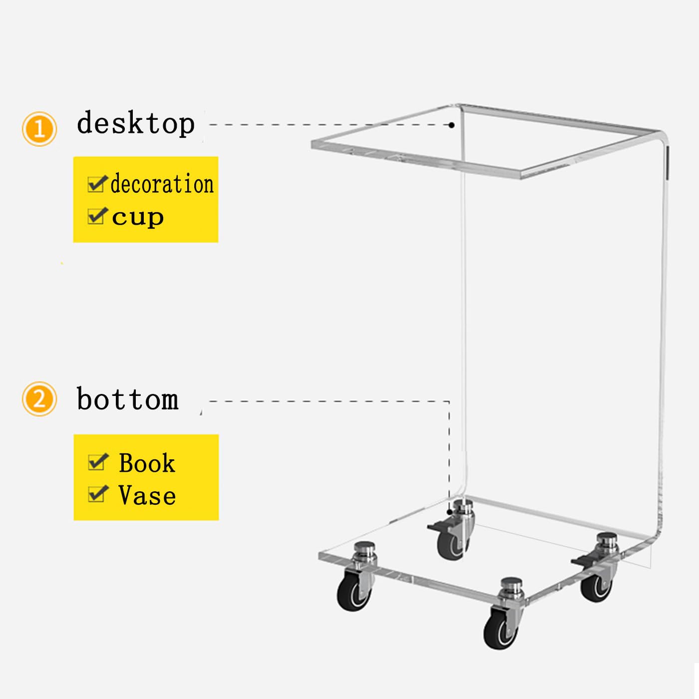 Acrylic Clear C-Shaped Rolling End Table 26"H