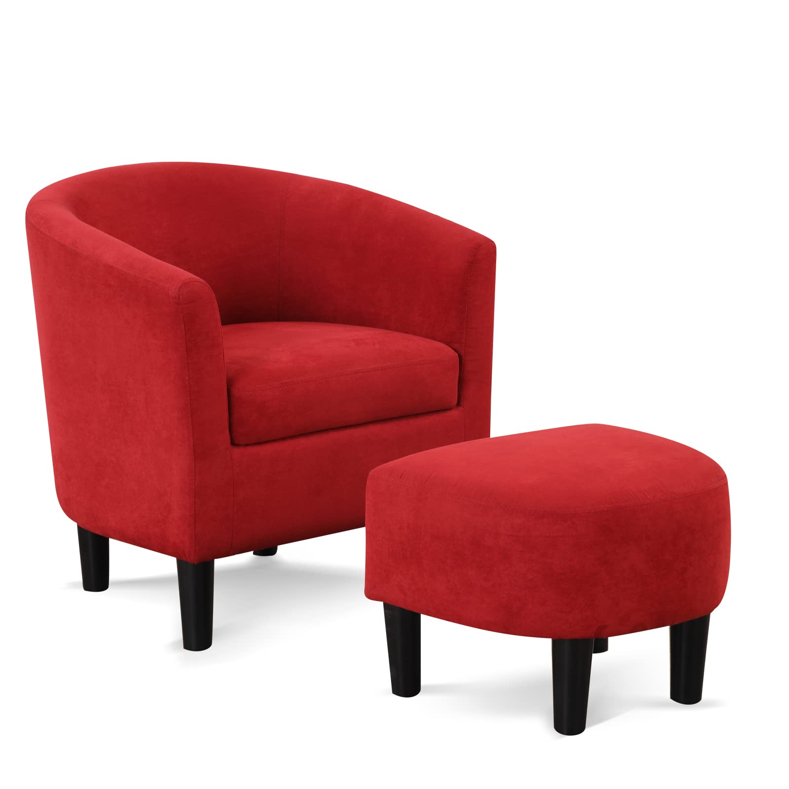 INZOY Modern Accent Chair with Ottoman, Upholstered Barrel Reading Chair with Foot Rest, Comfy Fabric Armchairs for Living Room Bedroom Small Spaces, Easy to Assemble (Red)