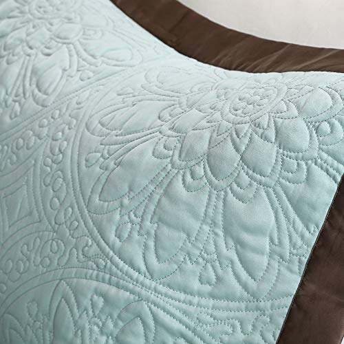 Queen Comforter Set 9 Piece - Blue Quilted Medallion Design with Bed Skirt