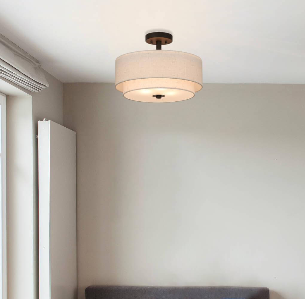Drum Semi Flush Mount Ceiling Light - 3 Light Fixture with Fabric Shade