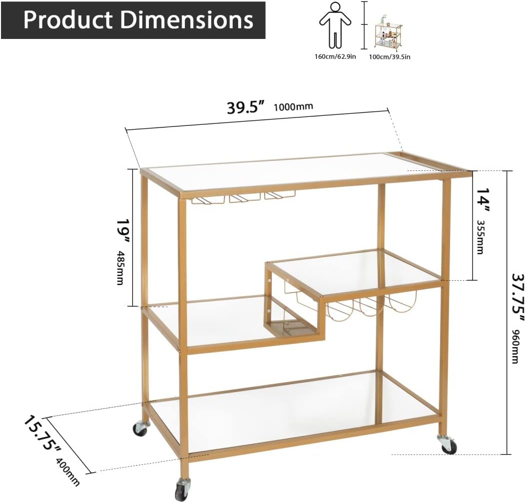 Gold Mirror Rolling Bar Cart with Wine Holders