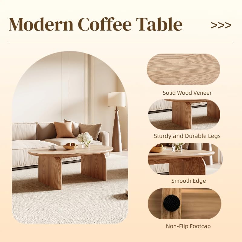 Modern Oval Coffee Table - Oak Wood Top with Solid Legs