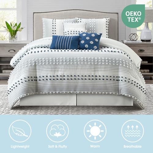 King Comforter Set Blue Jacquard Striped 7-Piece
