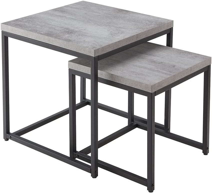 CENSI Nesting End Tables Set of 2, 20" Industrial Concrete Grey Side Table, Square Stacking Coffee Table with Thick Faux Stone Top, Modern Metal Nightstand for Living Room, Small Space, Bedroom