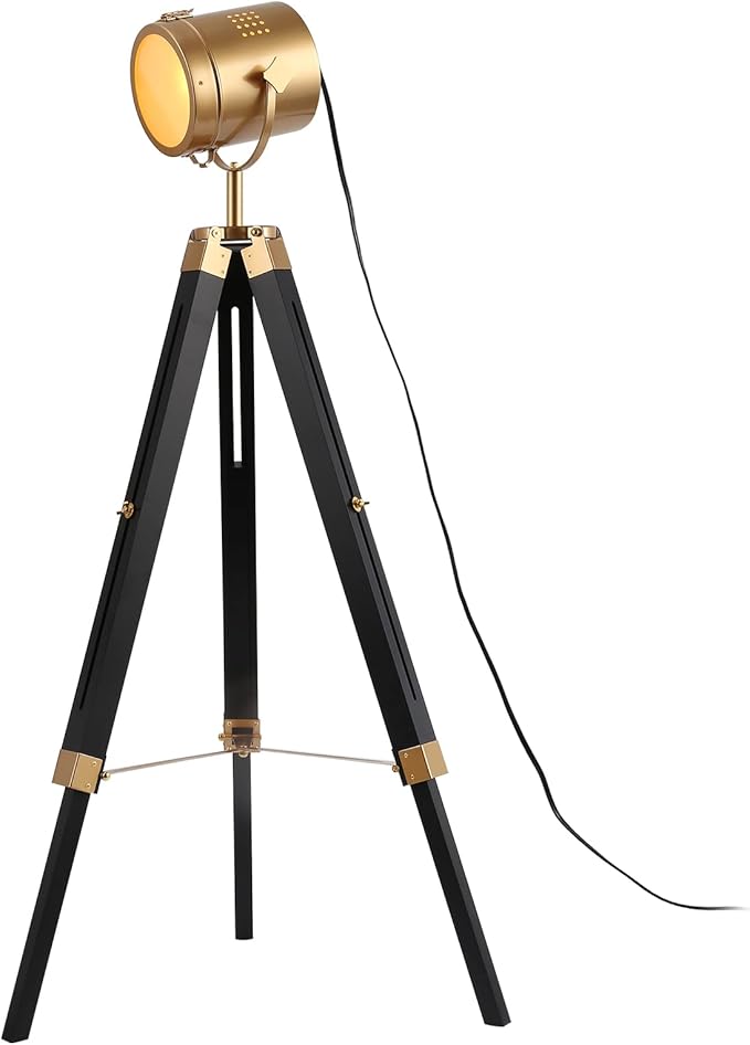 Industrial Tripod Floor Lamp Vintage Wood Cinema Searchlight
