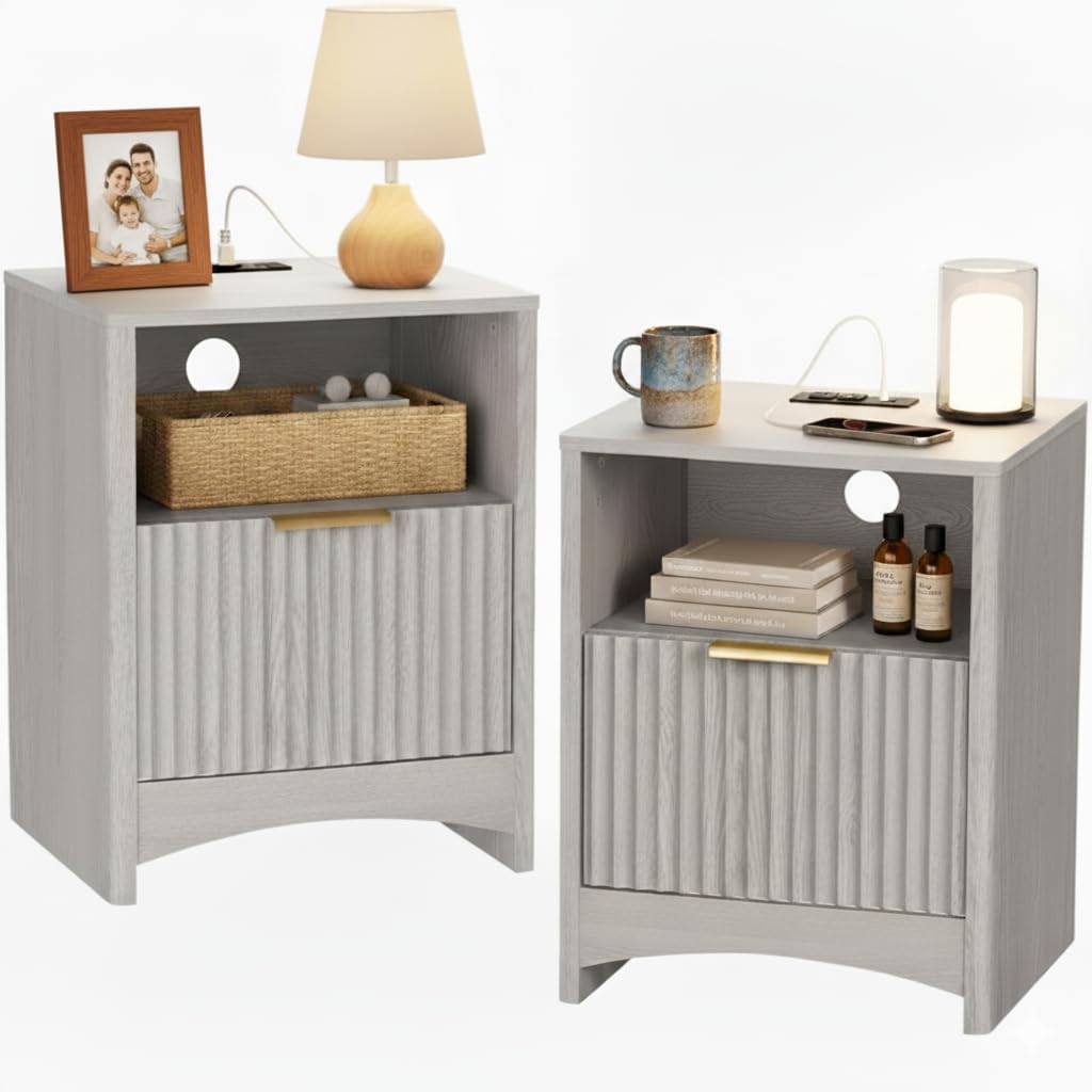 Fluted Nightstand with Charging Station