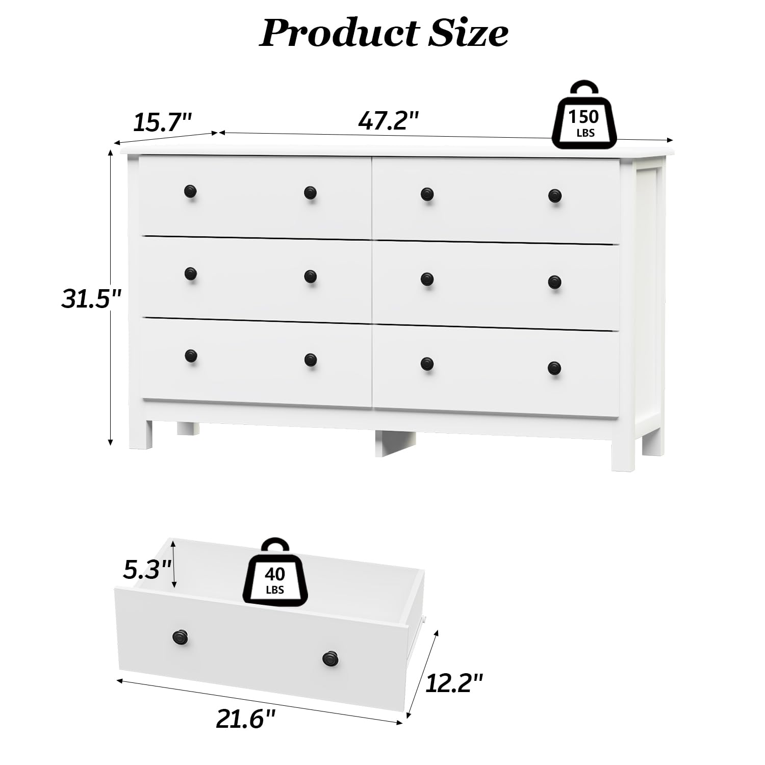 White 6 Drawer Dresser with Black Knobs
