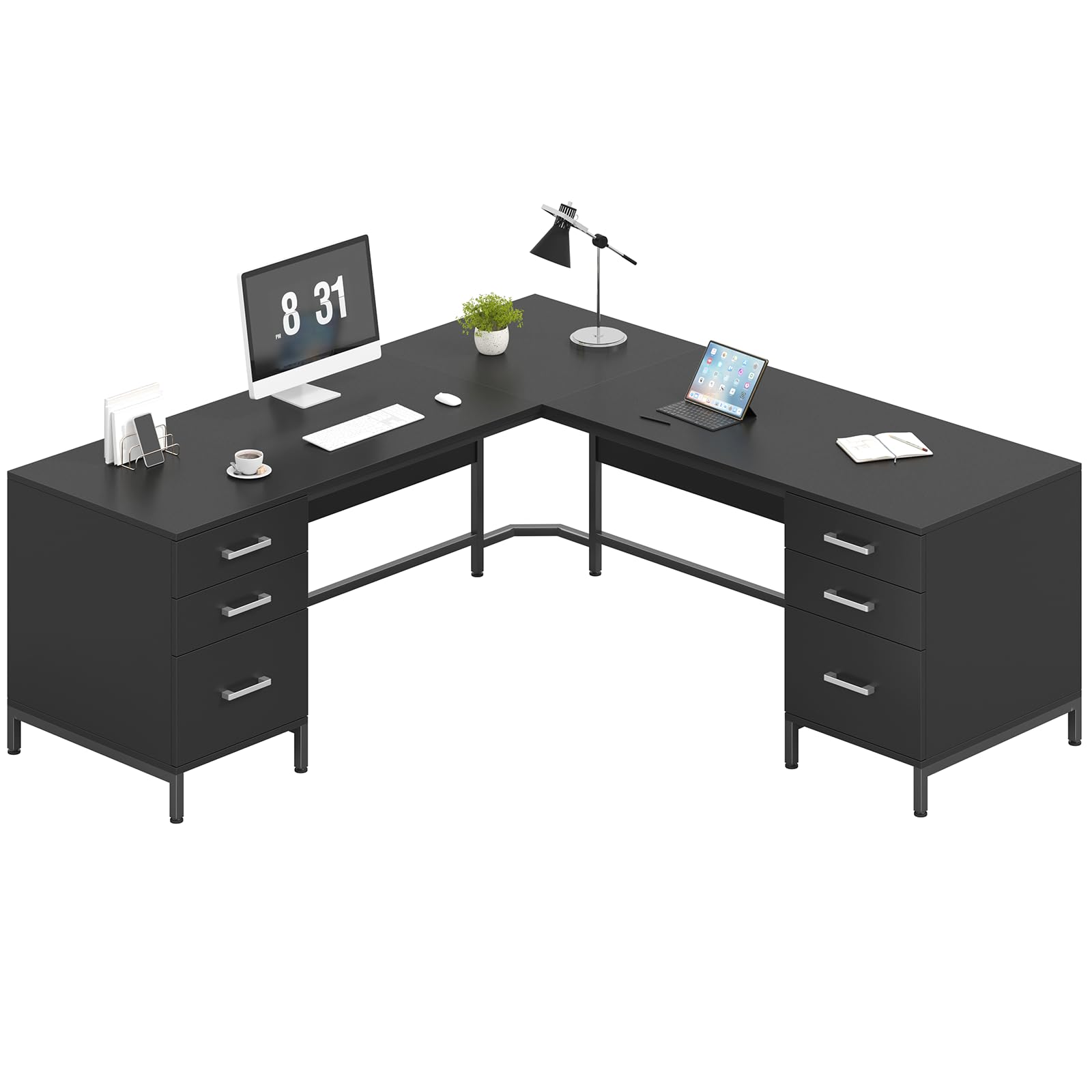 59" L-Shaped Desk with 6 Drawers and File Cabinet