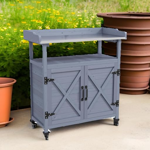 Outdoor Wooden Potting Bench with Storage Cabinet