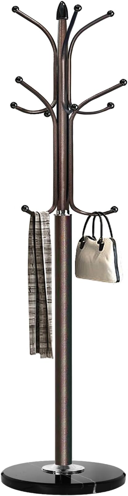 Metal Coat Rack Stand with Marble Base and 12 Hooks