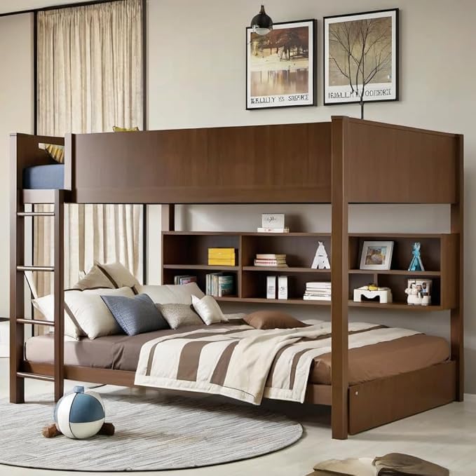 Queen Over Queen Bunk Bed with Storage Cabinets and USB Ports