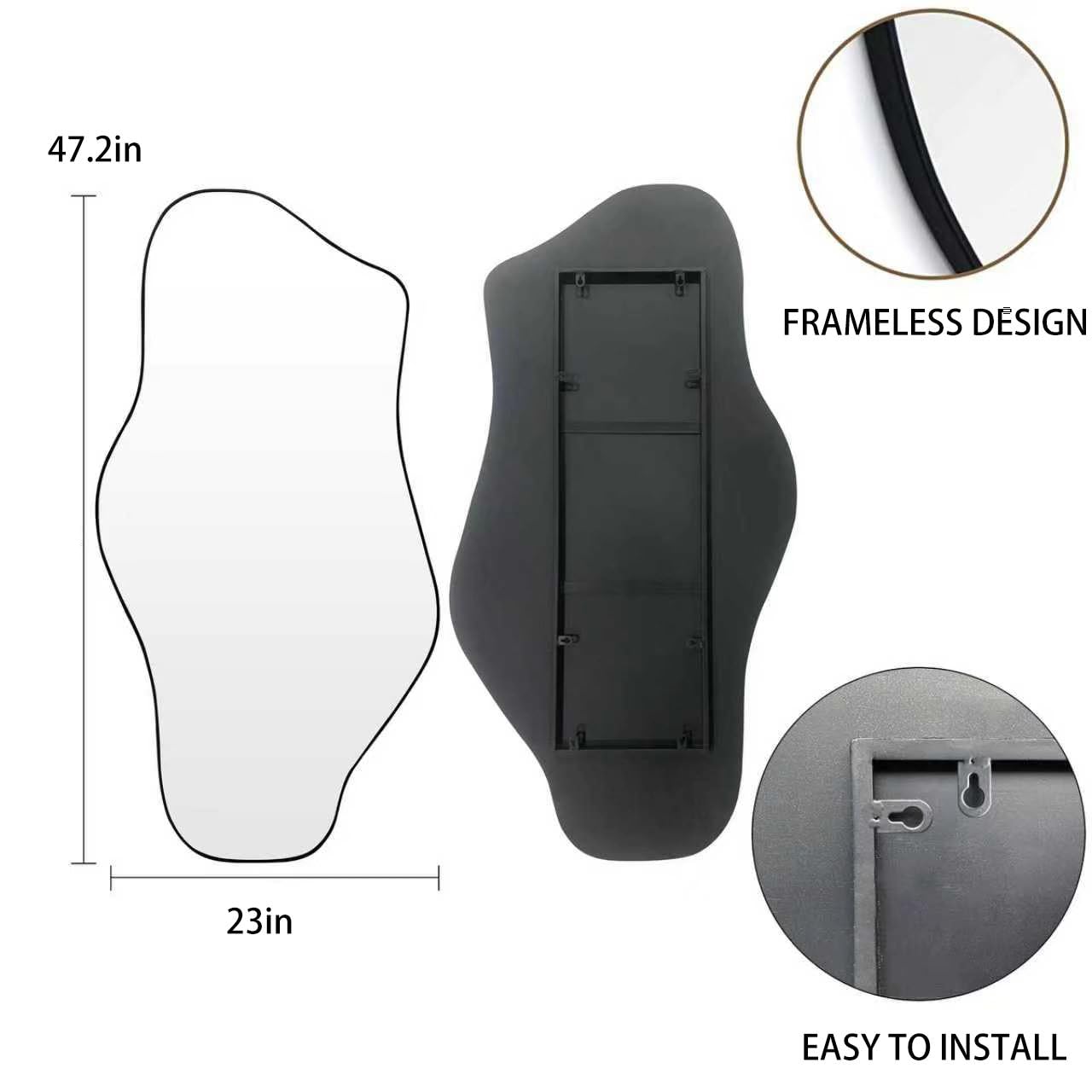 DAOYIJIAJU Irregular Mirror, 47.2"x23" Large Asymmetrical Wall Mirror, Odd Shaped Mirrors, Modern Frameless Abstract Mirrors for Living Room Bathroom Bedroom Entryway Fireplace