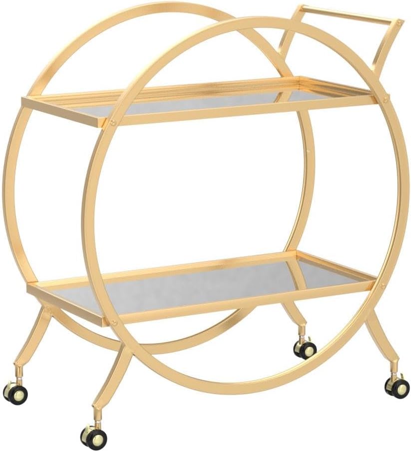 Bar Cart with 2 Mirrored Shelves - Gold Metal Rolling Serving Cart