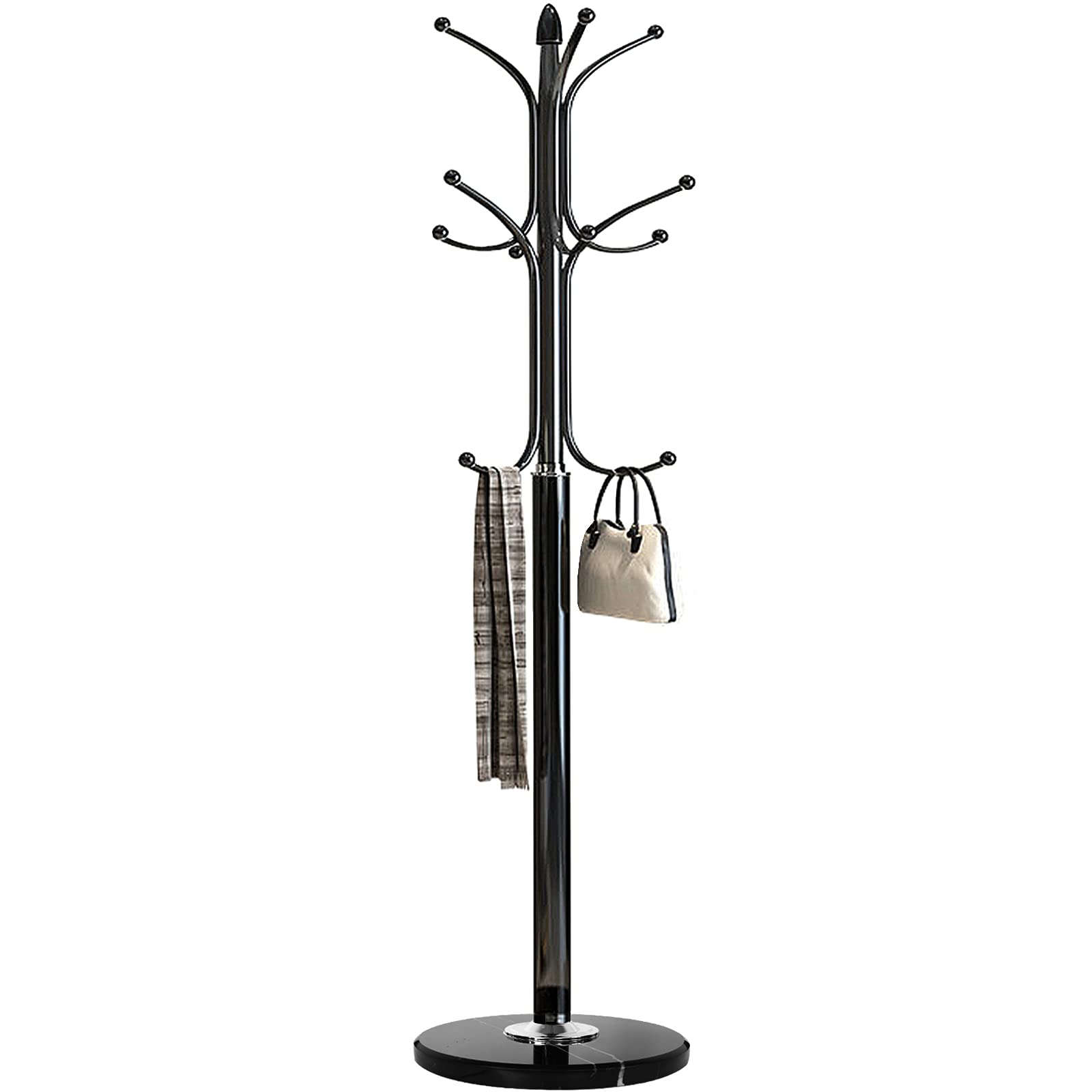 Metal Coat Rack Stand with Marble Base and 12 Hooks